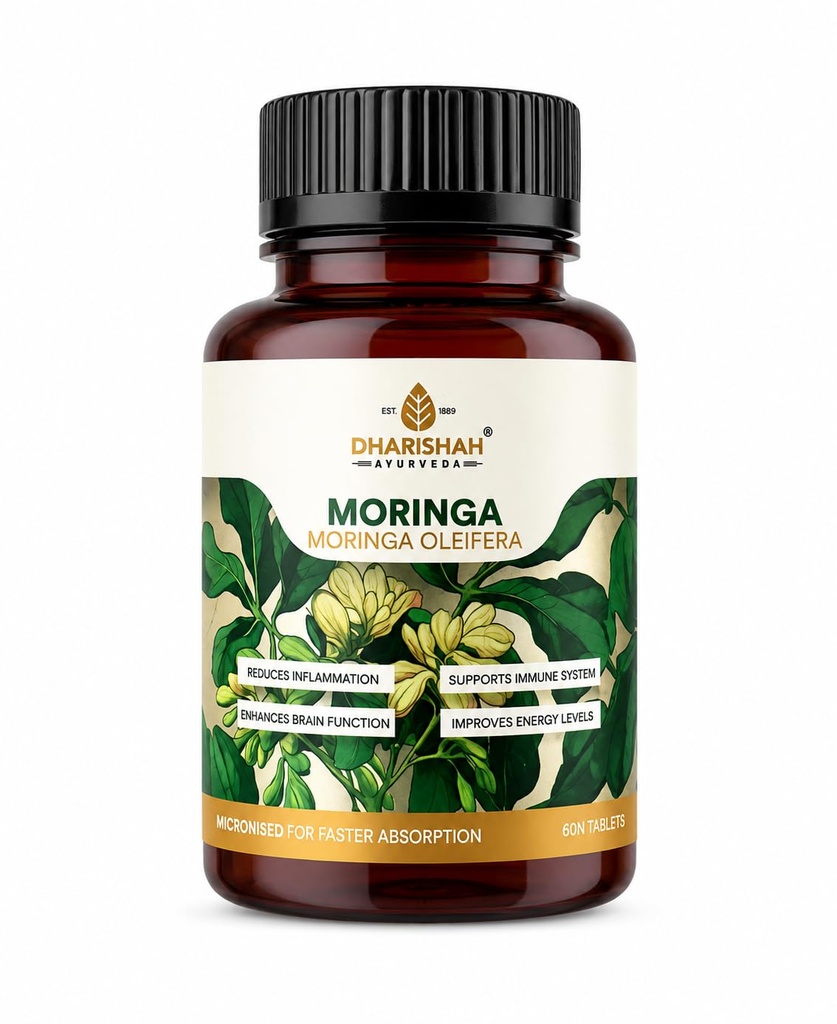 Dharishah Ayurveda Organic Moringa Tablets 900mg | Drumstick Leaf Powder | Plant-Based Daily Nutrition & Energy Support | 60 Tablets