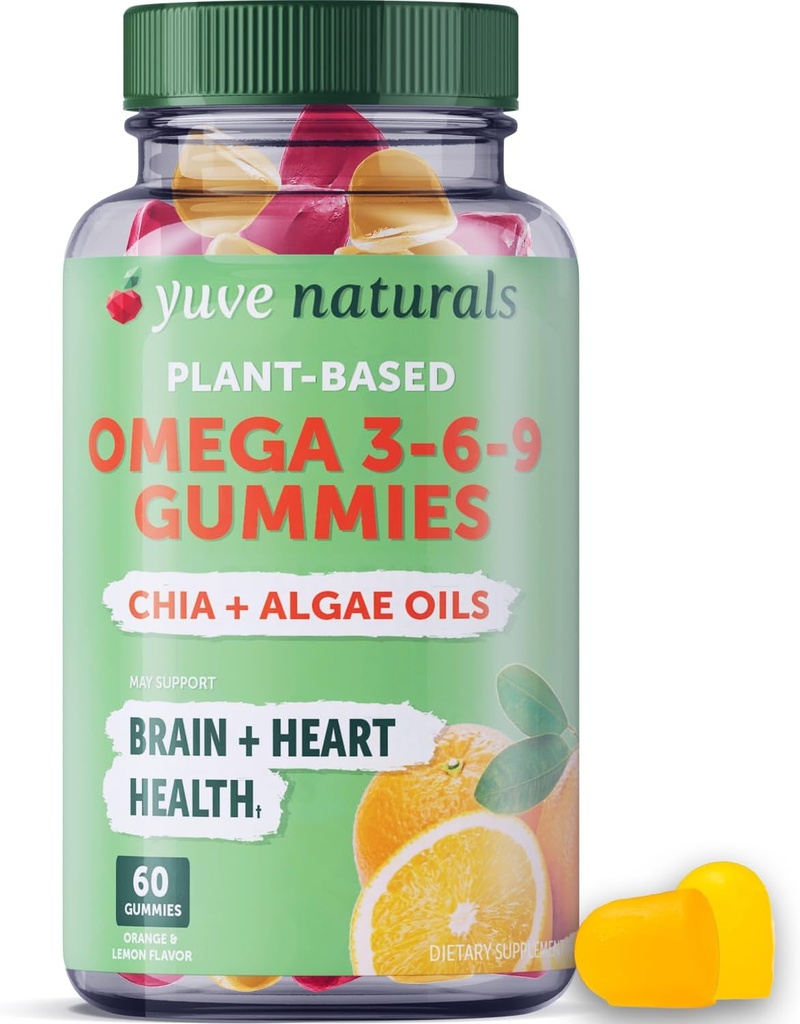 Gommies Vegan Omega 3-6-9 et DHA - Délicieux pour les enfants, les hommes et les femmes - Fabriqué à partir d'algues et de chia - NO Huile de poisson, NO Krill - Supplément d'acide gras essentiel - Non-OGM, sans gluten, à base végétale - 60ct