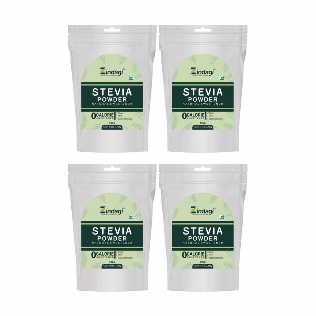 Zindagi Stevia Powder (Reb A 99%) Extract | Sugar Subsitute | Stevia Natural Sugar-free Powder In Bulk | 500 gm | Pack of 4