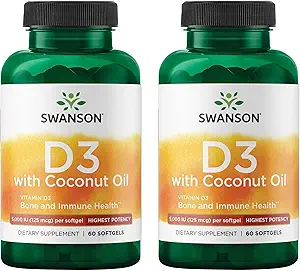Swanson ad alta potenza vitamina D-3 w/Coconut - Integratore naturale Promuovere la salute e il supporto del sistema immunitario - Può aiutare ad aumentare l'assorbimento del calcio - (60 Softgels, 125mcg ciascuno) (2 Pack)