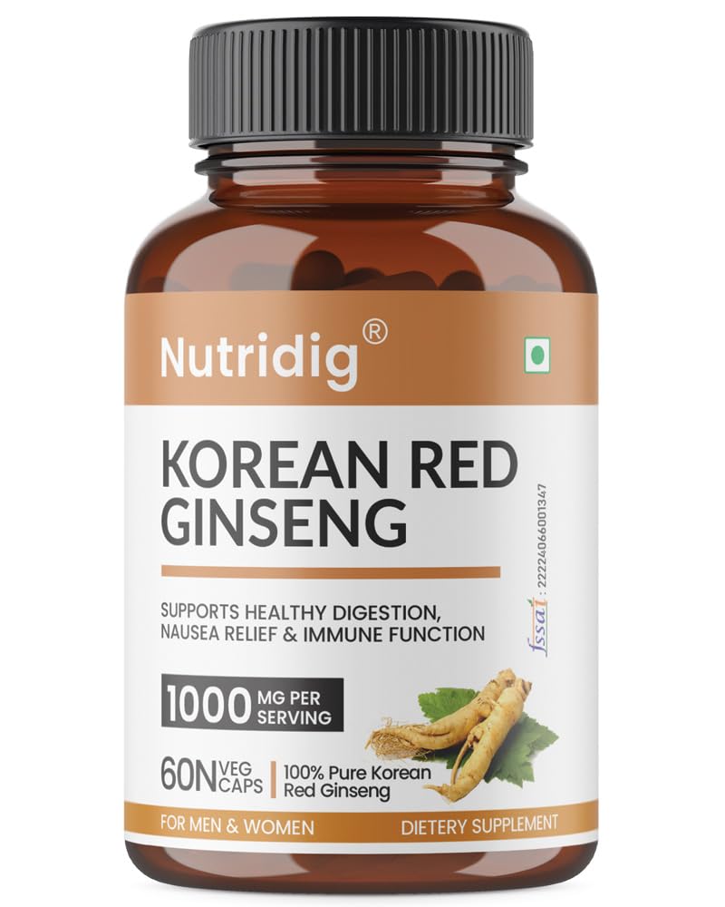 Korean Ginseng with 30% Ginsenosides– 1000mg High Potency Extract Supplement | Energy, Focus & Inflammation Support | Natural Herbal Supplement | 60 Veg Capsules