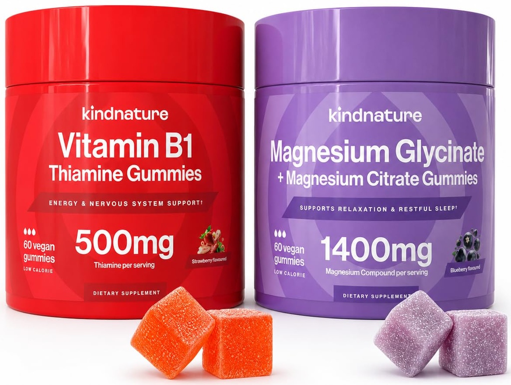 KINDNATURE Power Duo: Magnesium & Vitamin B1 Gummis Bundle – Enhanced Energy & Nerve Support, Delicious & Chewable
