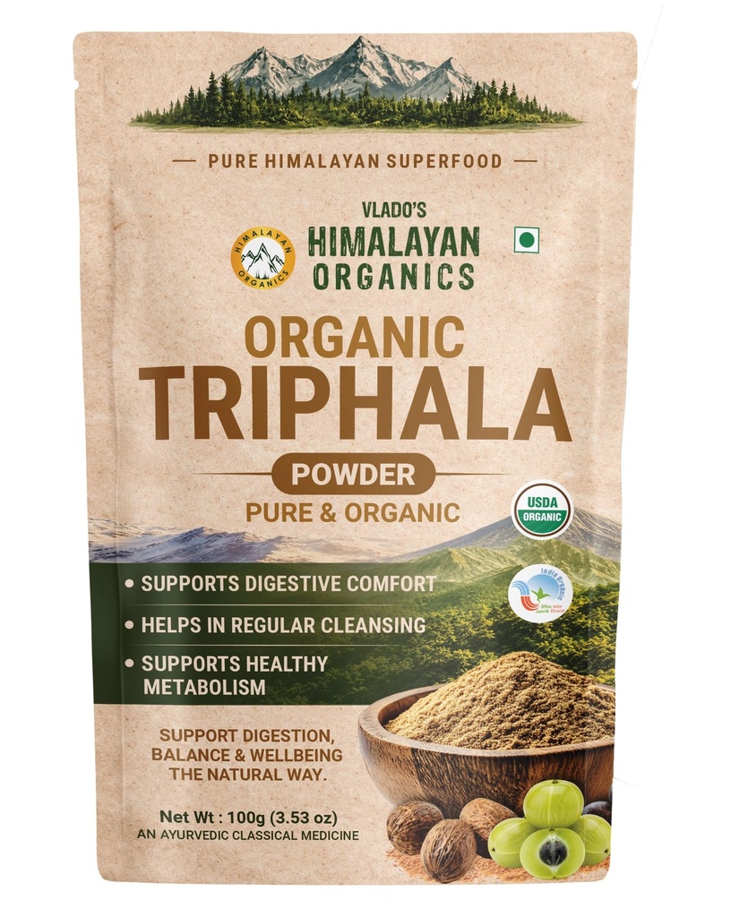Vlado's Himalayan Organics Organic Triphala Powder - 100 GM | Triphala Churna For Gut, Immune & Intestinal Health | Colon & Digestion, For Balanced Bowel & Gut Health, Contains Bioactives and Antioxidants, GMP & NPOP Certified Organic I Helps Relieve Constipation | Herbal Supplement | Quick Acidity & Gas Relief |