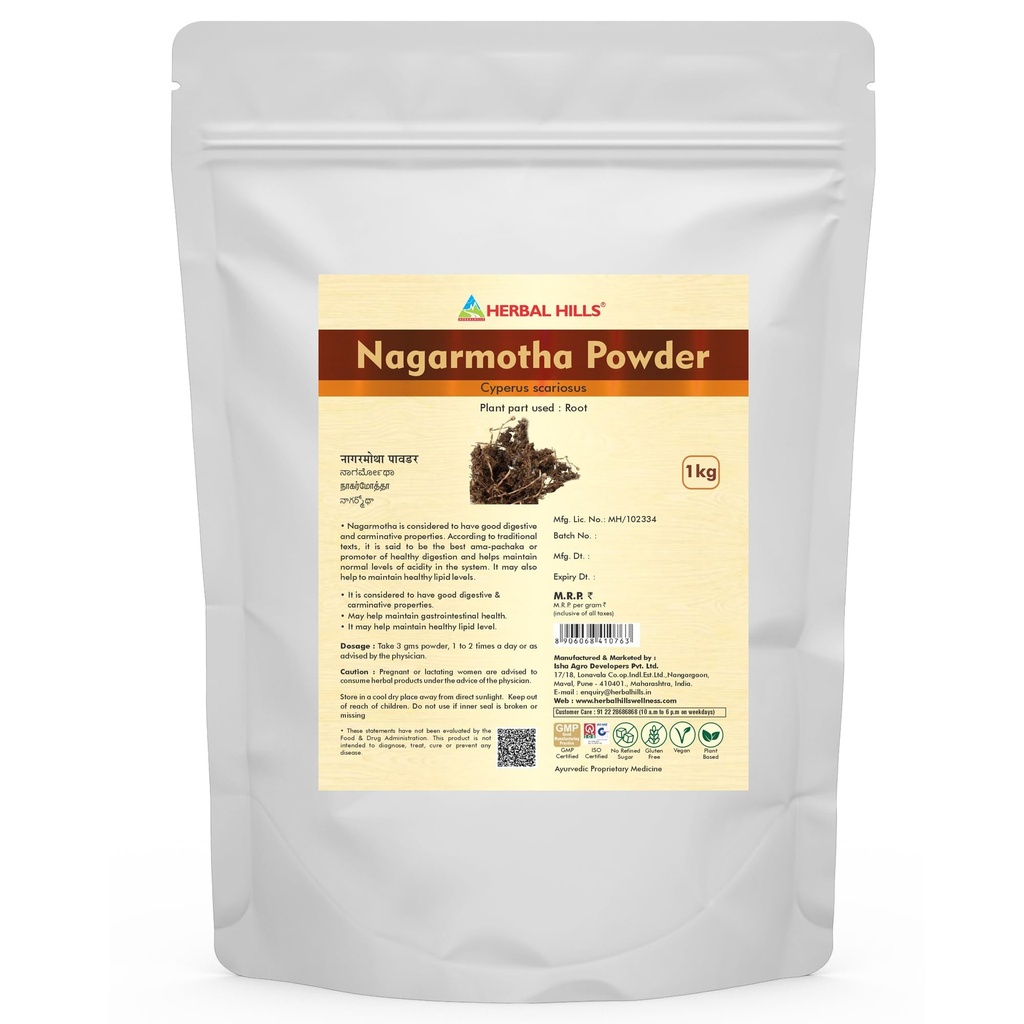 Herbal Hills Nagarmotha Powder, (1kg Single Pack) | Supports Digestion & Fat Metabolism | Nagarmotha Churna For Bloating, Acidity & Detox | With Cyperus Rotundus Root