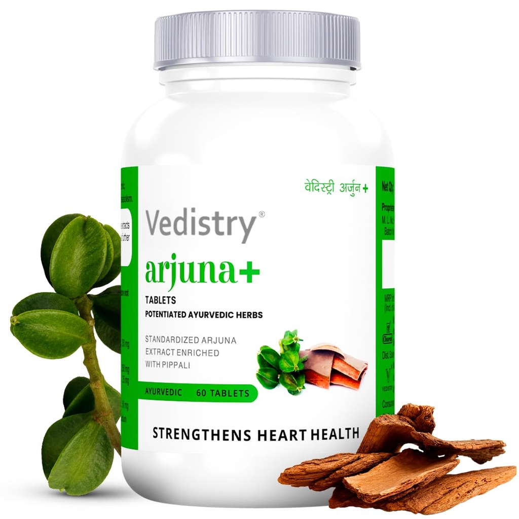 Vedistry Arjuna+ Tablets | Ayurvedic Medicines to Improve Heart Health & High Blood Pressure | Ayurvedic Supplement with Arjuna & Piperine for Cholesterol Care, Healthy Circulation – 60 Tablets (Pack of 1)