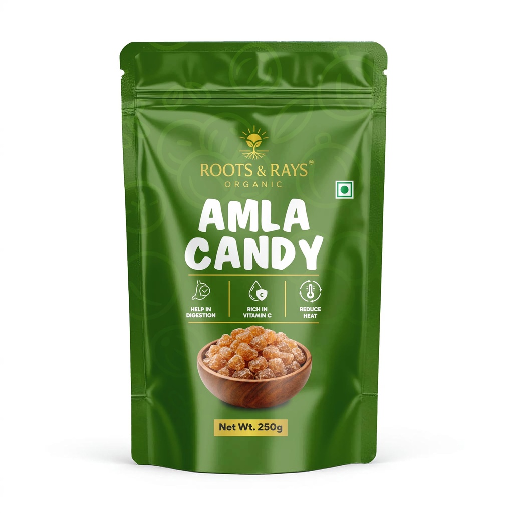 ROOTS & RAYS ORGANIC Amla Candy | 100% Natural Indian Gooseberry Candy | Rich in Vitamin C for Immunity, Digestion & Daily Wellness | Sweet & Tangy Healthy Snack | No Artificial Colors or Preservatives | (250 Grams) Premium Quality Pack