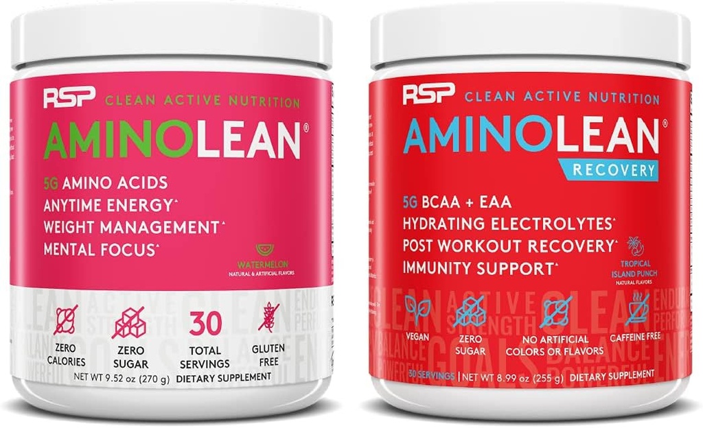 RSP NUTRITION AminoLean Pre Workout Energy (Watermelon 30 Servings) mit AminoLean Recovery Post Workout Boost (Tropical Island Punch 30 Servings)