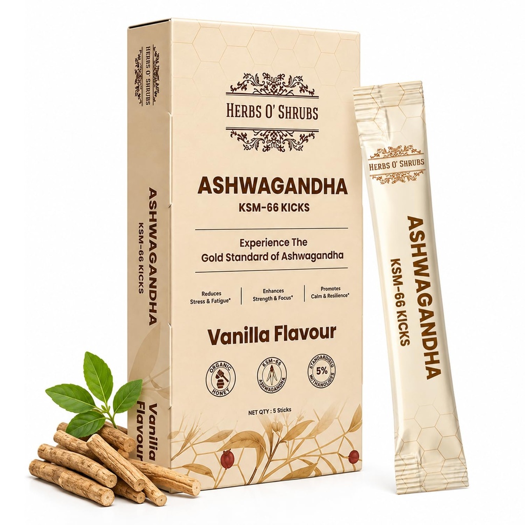 Herbs O’ Shrubs Ashwagandha-400mg KSM-66 Kicks (5 Sticks-8g Per Stick) | Root Extract with Organic Honey-7.58gm & Vanilla | Focus Support | Convenient for Energy | Supports Stress Management for Men And Women