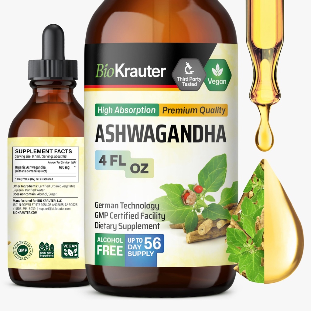 BIO KRAUTER Ashwagandha Liquid Drops - Ashwagandha Ergänzungen für Beruhigung - Vegan Mood Support Drops - Alkohol &amp; Zucker frei - 4 Fl.Oz.