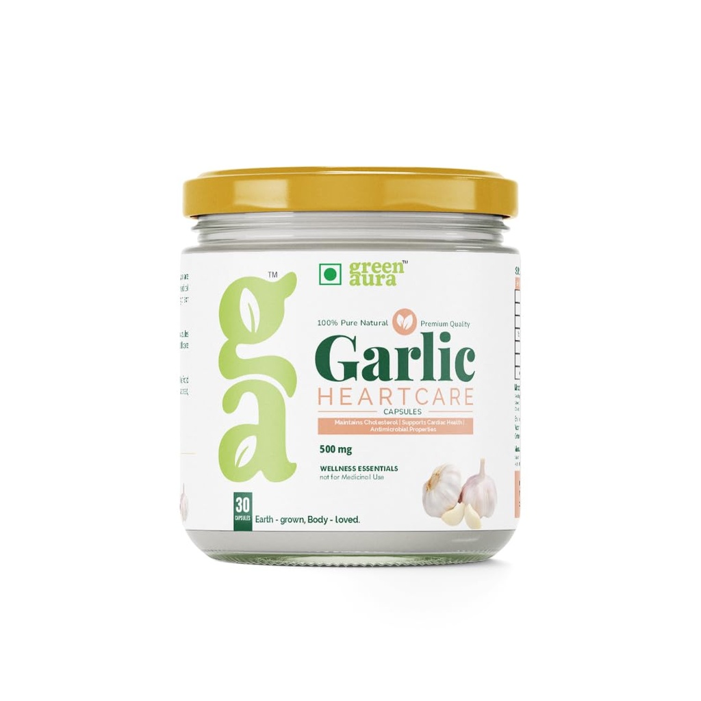 Green Aura Garlic HeartCare Capsules (30 Capsule) | Natural Heart Support with Allicin | Supports Cholesterol, Blood Pressure & Circulation | Pure Herbal Formula (500mg)