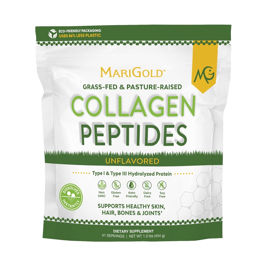 MariGold Gras gefüttert Collagen Peptide Pulver Unflavored 1LB - 100% rein, Typ I & III Bovine hydrolysiertes Collagen, Non-GMO, Hormon-Gluten-Dairy frei, Keto-Friendly, einfach zu mischen
