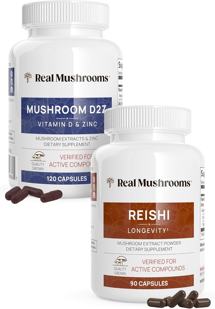 Vitamine D2, Zinc (120ct) et Reishi 415 (90ct) avec Chaga - Soutien naturel pour l'immunité, un meilleur sommeil et la détente - Vegan, sans gluten, sans OGM, extraits de champignons organiques