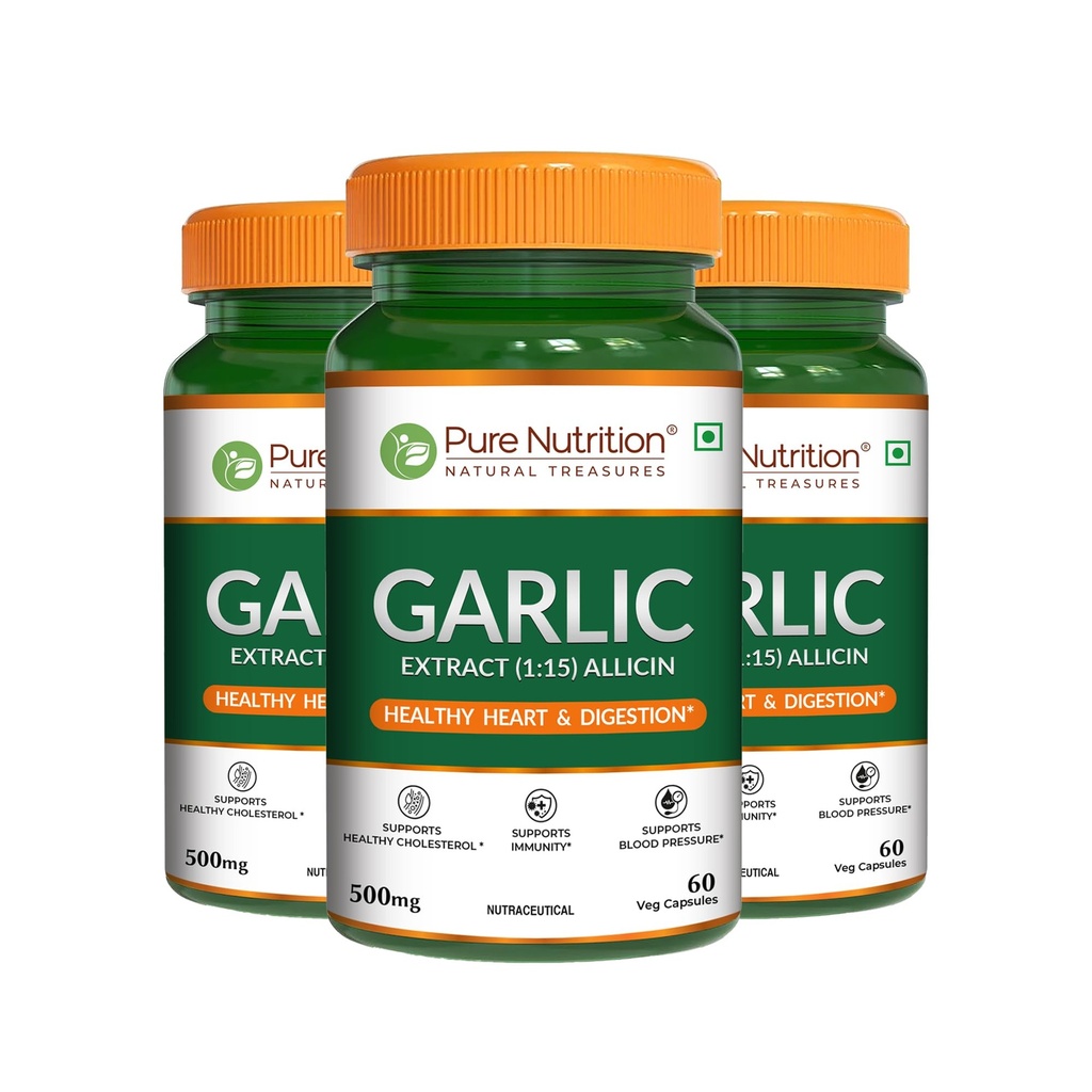 Pure Nutrition Garlic Extract 500mg – 240 Veg Capsules (60X3) | Allium Sativum (1:15) for Heart Health, Digestion & Cholesterol Support | Boosts Immunity, Supports Blood Pressure & Cardiovascular Wellness | Natural Antioxidant