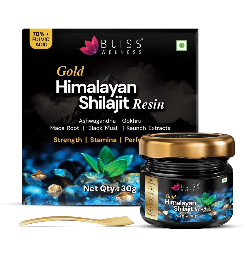 Bliss Welness Shilajit/Shilajeet Gold Resin, 30g | More Than 70%+ Fulvic Acid | 7x Formula with 24K Gold, Kaunch, Ashwagandha, Black Musli, Maca Root | Boosts Enegry, Endurance, Vitality Strength Stamina | 100% Ayurvedic | 60 Servings