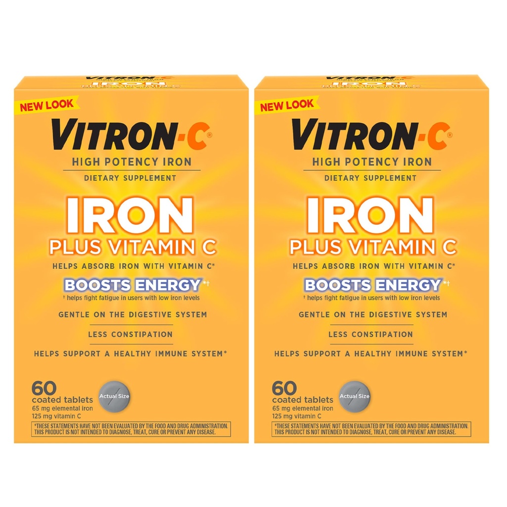 Vitron-C Eisen-Ergänzung, Einmal täglich, hohe Potenz Eisen Plus Vitamin C, Unterstützung Red Blood Cell Production, Dye Free Tablets, 60 Count, 2 Pack