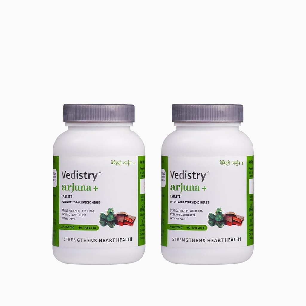 Vedistry Arjuna+ Tablets | Ayurvedic Medicines to Improve Heart Health & High Blood Pressure | Ayurvedic Supplement with Arjuna & Piperine for Cholesterol Care, Healthy Circulation – 60 Tablets (Pack of 2)