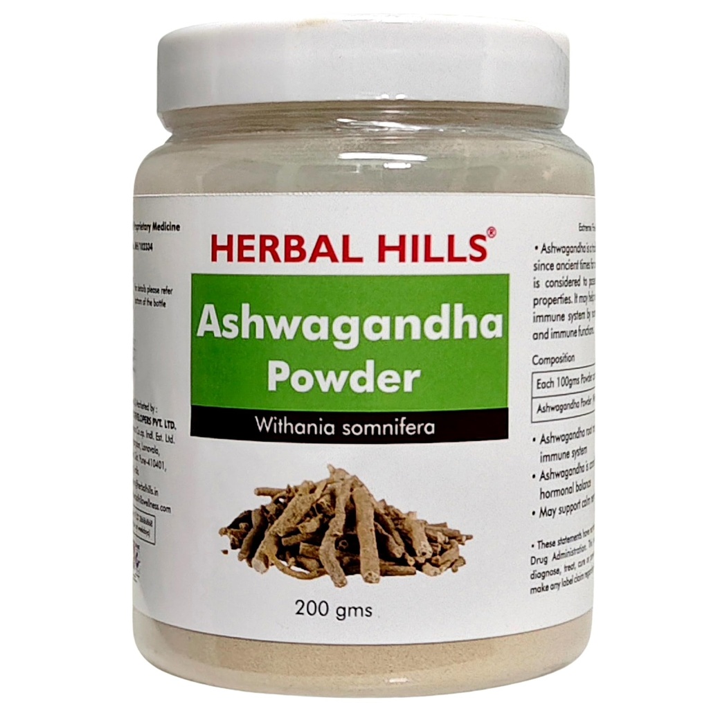 Herbal Hills Ashwagandha Powder, (200 gm Pack) | Supports Stress Relief & Energy Levels | Ashwagandha Churna For Immunity, Strength & Vitality | With Withania Somnifera Root |