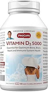 ANDREW LESSMAN Vitamina D3 5000 IU 60 capsule - Alta potenza, Essenziale per l'assorbimento del calcio, Supporta la salute di uno, la funzione muscolare sana, il sistema immunitario, di più.