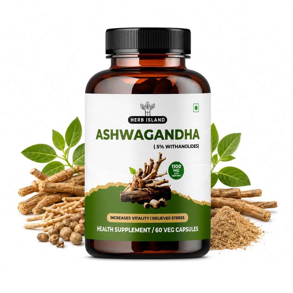 Herb Island Ashwagandha Capsules for Daily Stress Support & Vitality, 5% Withanolides, 1100 mg Per Serving, Root Powder & Extract, 60 Vegetarian Capsules