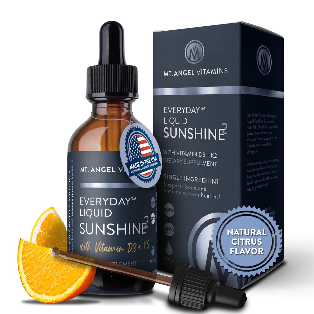 Mt. Vitamine angeliche - Vegan Vitamin D3 & K2 Supplemento liquido - 5000 IU D3, Trans MK7 K2 - Senza glutine, Non OGM - Perfetto per adulti e bambini - La vostra dose giornaliera di sole | K2 D3 supplemento di vitamina