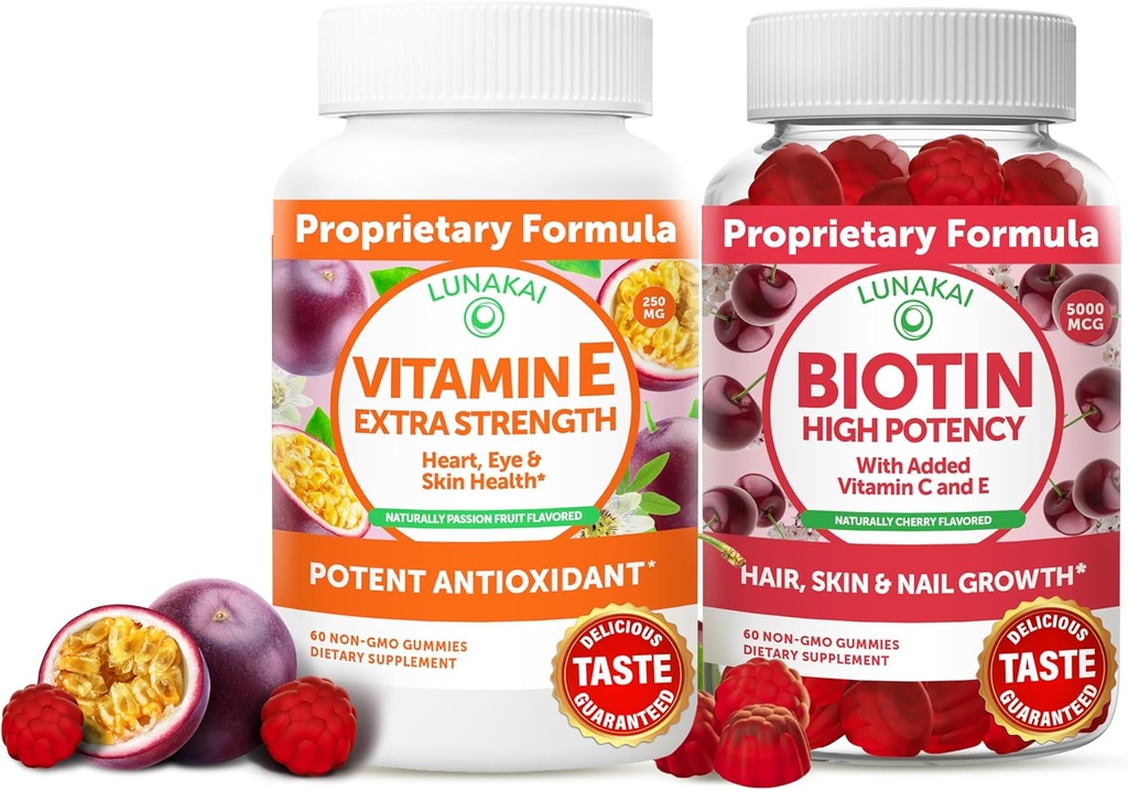 Bundle Lunakai Vitamine E et Biotine Gummies - 3000 mcg Gummies for Adults Energy Support and Bone Health - Vitamines for Hair, Skin and Youthful Apparence