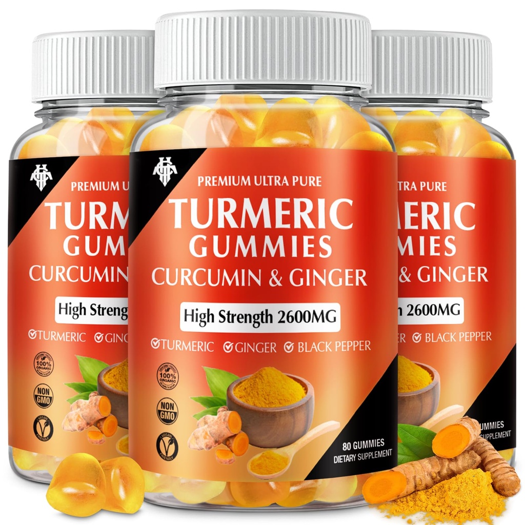 Kurkumagummis (3 Pack) - Kurkuma-Ergänzungen mit Ginger & Schwarz Pfeffergummis für Immunmuskelunterstützung Gesunde Haut - Vegan, Glutenfrei, Niedriger Zucker - für Erwachsene