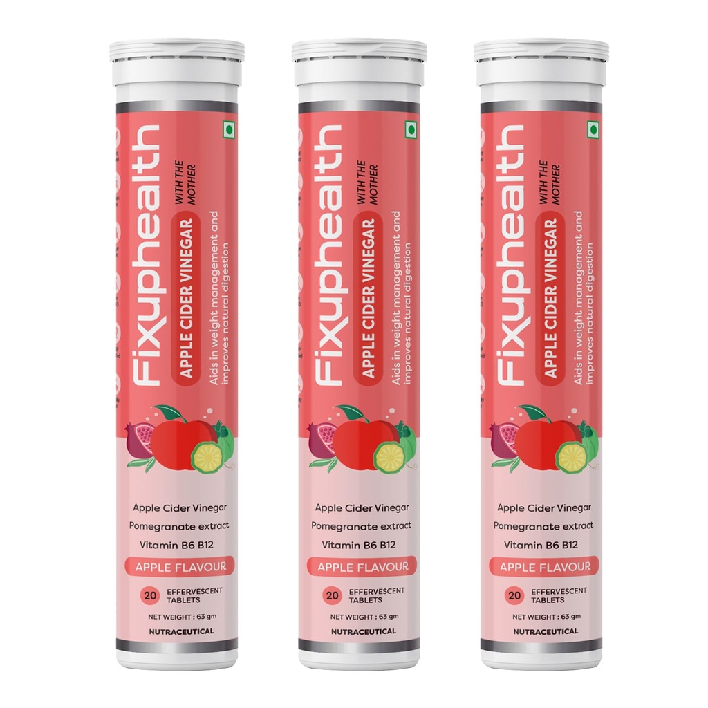 Fixuphealth Apple Cider Vinegar with the Mother 20 Tablets (Pack of 3) Gluten-free ACV Tablet with Vitamin B6 and B12 and Pomegranate Extract, Weight Loss Supplement for Women and Men