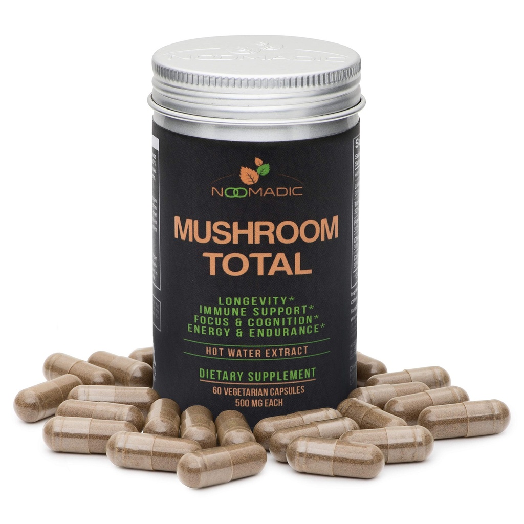 Noomadic Mushroom Totale, 60 capsule, 500mg, 30% Beta Glucans, Adaptogenic Mushroom Complex di Lions Mane, Tail Turchia, Chaga, Reishi, Cordyceps, Hot Water Extract, Fruiting Bodies.
