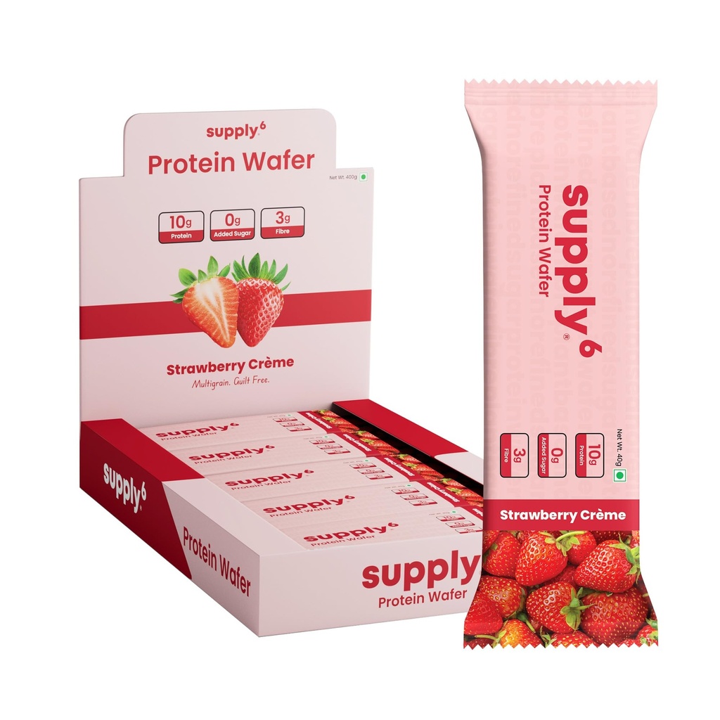 SUPPLY6 Protein Wafer Bars | Pack of 10 | Multigrain Crunchy Wafer | Vegetarian | 10g Protein | 3g Fiber | No Added Sugar | 400 G (Strawberry)