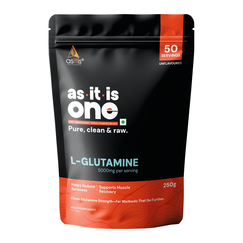 AS-IT-IS One L-Glutamine Powder, Unflavoured & Unsweetened, 250g - Supports Post Workout Muscle Recovery, Reduced Soreness & Gut Health