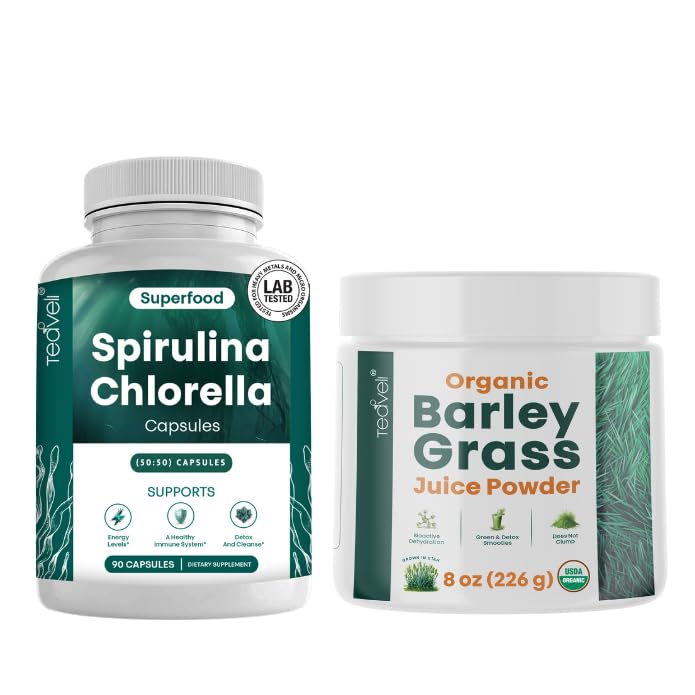 Tèveli Spirulina e capsule di clorella e Orgaic Orzo Grass succo polvere Bundle