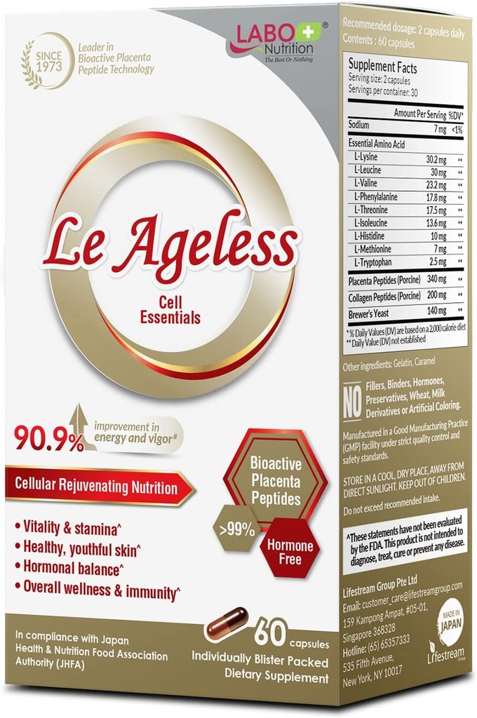 LABO Nutrition Le Ageless – Terapia ringiovanimento cellulare placenta dal Giappone – Migliorata con Peptide di collagene e Lievito di Brewer per sostenere la salute immunitaria, la rigenerazione della pelle, l'antiinvecchiamento – 60 capsule