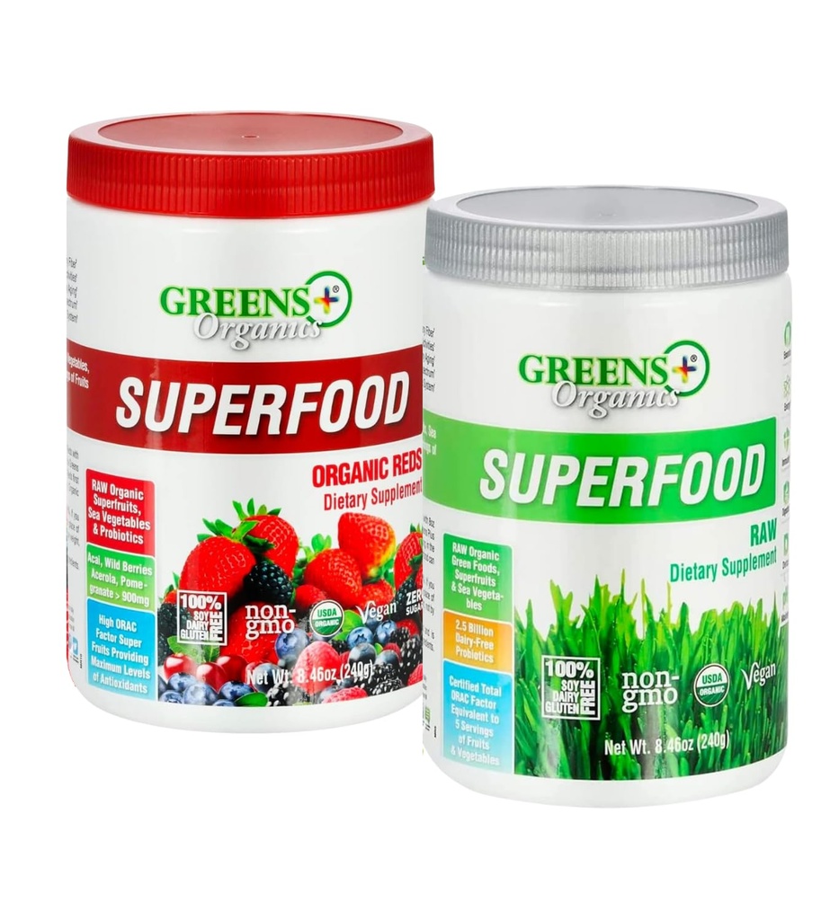 Greens+ Bio Reds Superfood Powder Organic RAW Superfood Powder Immune Support Énergie Boost, Nutrition, Santé vive, Supplément alimentaire, Vegan, Soy/Dairy/Gluten Free