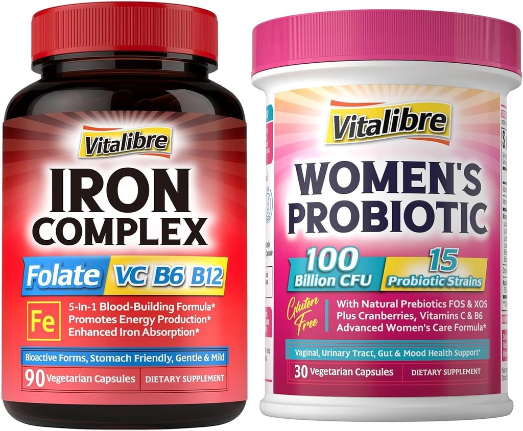 Supplément en fer pour les femmes et les hommes 90Caps & Vitalibre Probiotiques pour les femmes 100 milliards CFU 15 souches