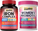 Supplément en fer pour les femmes et les hommes 90Caps & Vitalibre Probiotiques pour les femmes 100 milliards CFU 15 souches