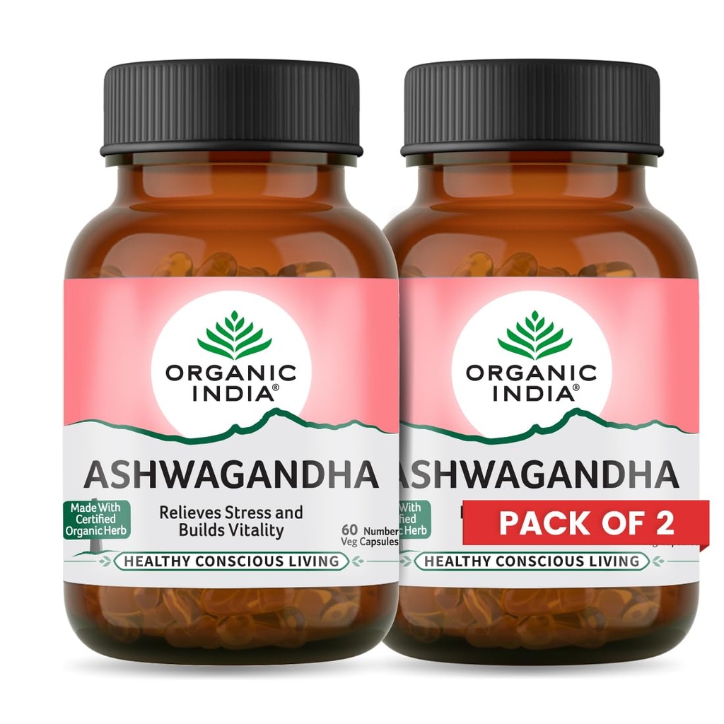 A TATA Product - Organic India Ashwagandha Capsules - 60 Veg Caps (Pack of 2), For Vitality & Relieves Stress, Naturally Boosts Energy & Stamina, Improves Immune System