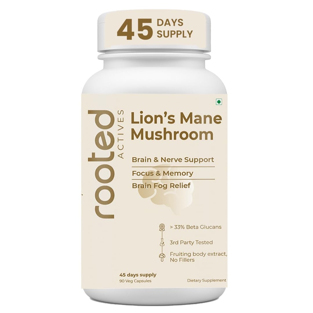 ROOTED Organic Lions Mane Mushroom Extract Capsules, 38% Beta Glucan, 90 Counts, Herbal Supplement, Capsule Form, Brain & Nervous System Support