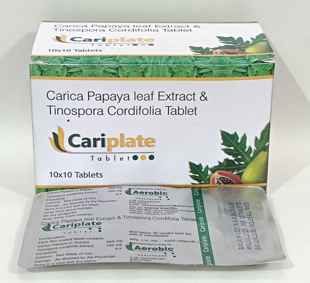 Cariplate Papaya Leaf Extract and Tinospora Cordifolia Tablets, 10x10 Tablets Pack, 350mg Carica Papaya with 150mg Tinospora | Pack of 4 strips (40 tablets).