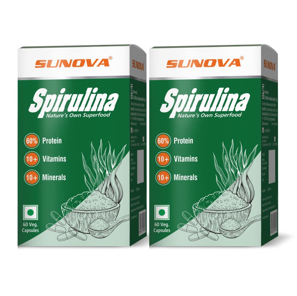 SUNOVA Spirulina Capsules – Nature’s Own Superfood and Plant based Nutritional Supplement , 60% Protein, full of Multivitamins ,Minerals & Antioxidants - Spirulina for Full Body Support & Energy – 60 Capsules (Pack of 2)