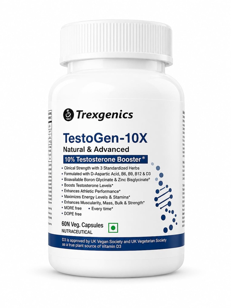 Trexgenics Testogen-10X Synergistic Action with Ashwagandha withanolides, Fenugreek & Tribulus saponins, Boron Glycinate,Zinc,Aspartic acid,D3,B6,B9,B12(60 Veg capsules)