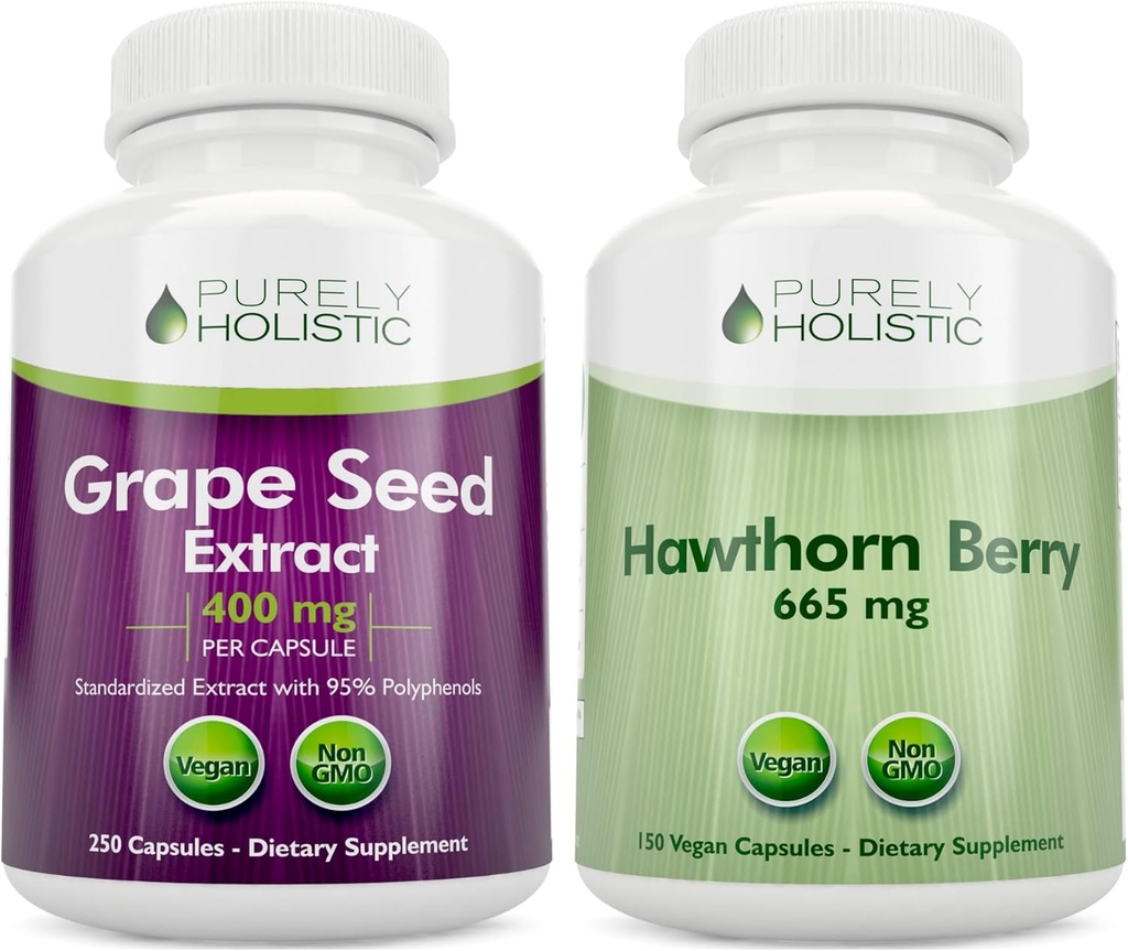 Estratto di semi di Uva puramente olistico 400mg + bacche di biancospino 665mg Bundle - 400 capsule vegane - Made in USA