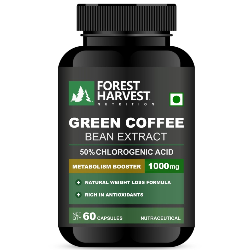 Green Coffee Bean Extract -1000 mg Per Serving | 60 Veg Capsules | 50% CGA | Standardized Plant-Based Extract | WHO-GMP, ISO, HACCP & FSSAI Certified