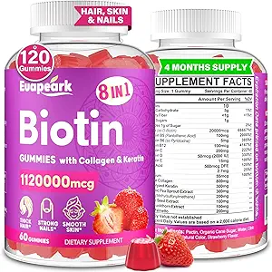 Gommies de biotine pour les femmes et les hommes, 8 en 1 formule biologique, biotine Max Strength et Gommies de collagène avec kératine, acide folique et vitamines, pour la croissance des cheveux, la peau et les ongles Supplément, sans sucre, 120 Compte