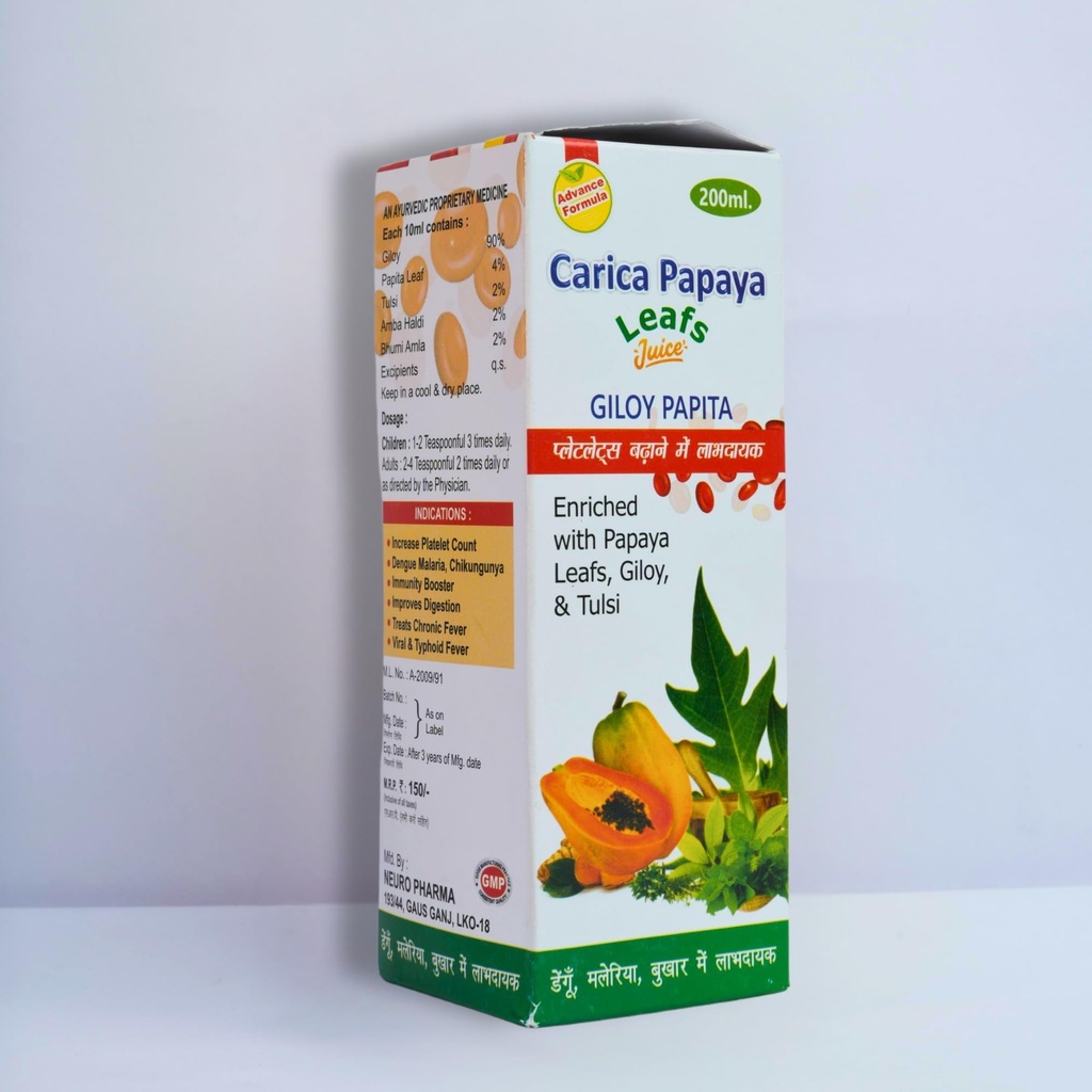 Carica Papaya Leaf Extract Syrup with Giloy & Tulsi – Pack of 2 (200ml Each) | Boost Platelet Count & Immunity | Ayurvedic Support for Dengue, Viral Fever & Recovery