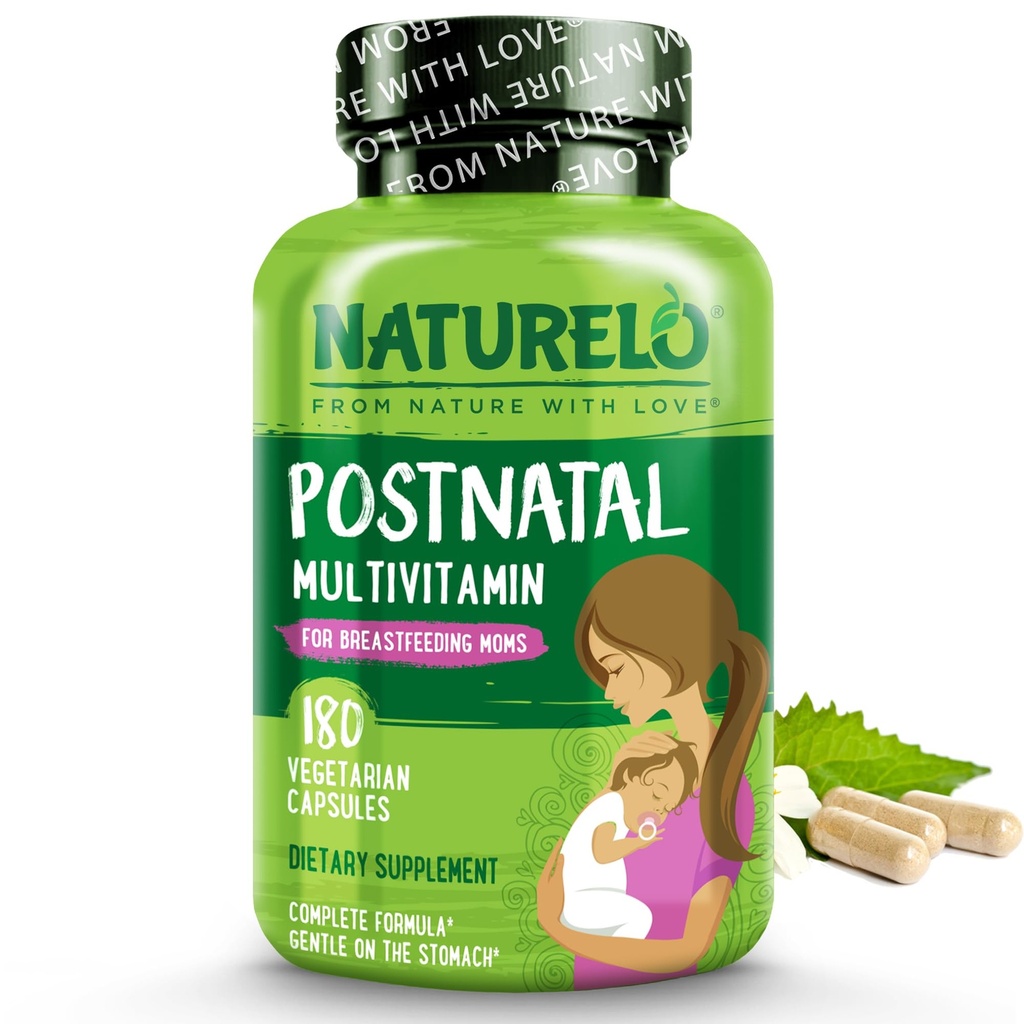 NATURELO Postnatal Multivitamin - Ergänzung für Stillen Frauen - Pflanzenbasiertes Vitamin D, Folat, Sanftes Eisen - für Krankenpflege Mutter, Baby - Post Natal Lactation Support 180 Kapseln