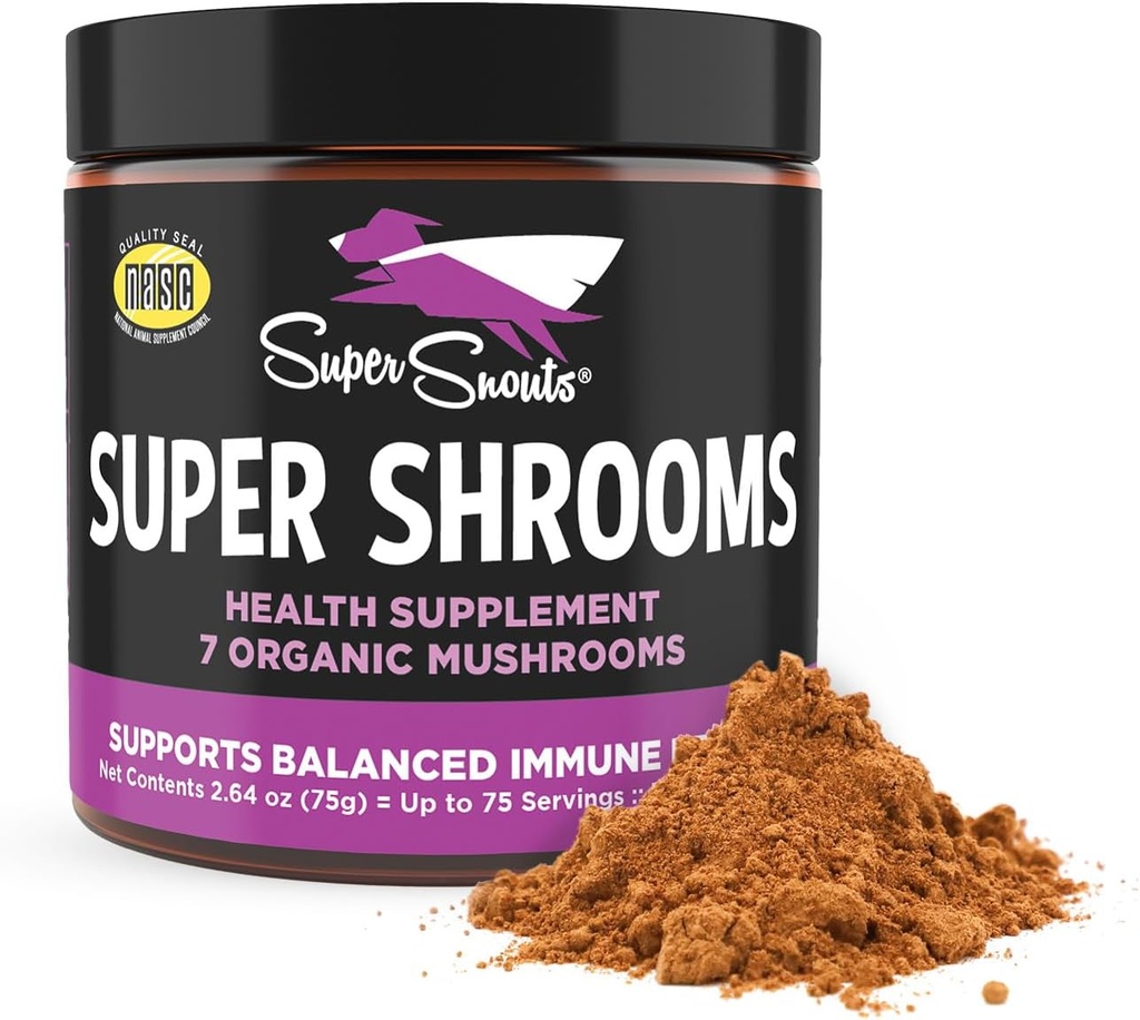 Super Snouts Super Shrooms Mushroom Immune Support Supplemento per cani e gatti, 2.64 oz - Made in USA Organic Non-GMO, Salute Immune per una forte immunità, 7 Mushroom Blend Powder