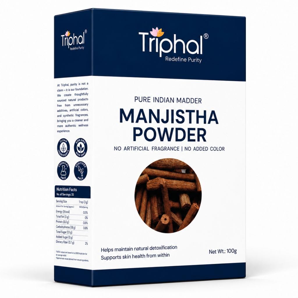 TRIPHAL Manjistha Powder 100g | 100% Pure & Edible Grade Manjishtha | Ayurvedic Skin Cleanser for Glowing Skin | Helps with Acne, Rashes & Detox | Non-GMO, Preservative-Free