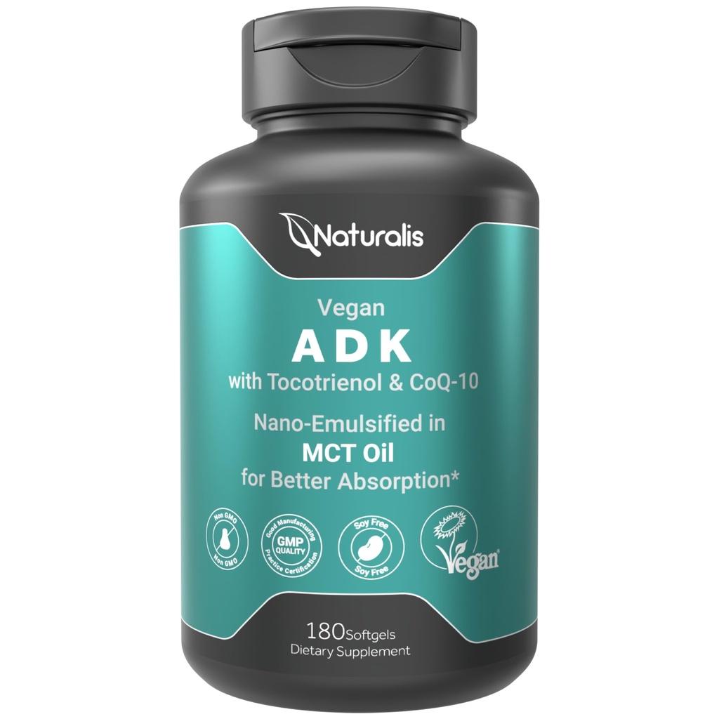 Naturalis Vegan Vitamin ADK mit 50mg Tocotrienol und CoQ-10 | Nano-Emulgiert in EVOO für bessere Absoprtion | Non-GMO, Soy Free und Vegan Society Certified | 180 Veggie Softgels (Carrageenan Free)
