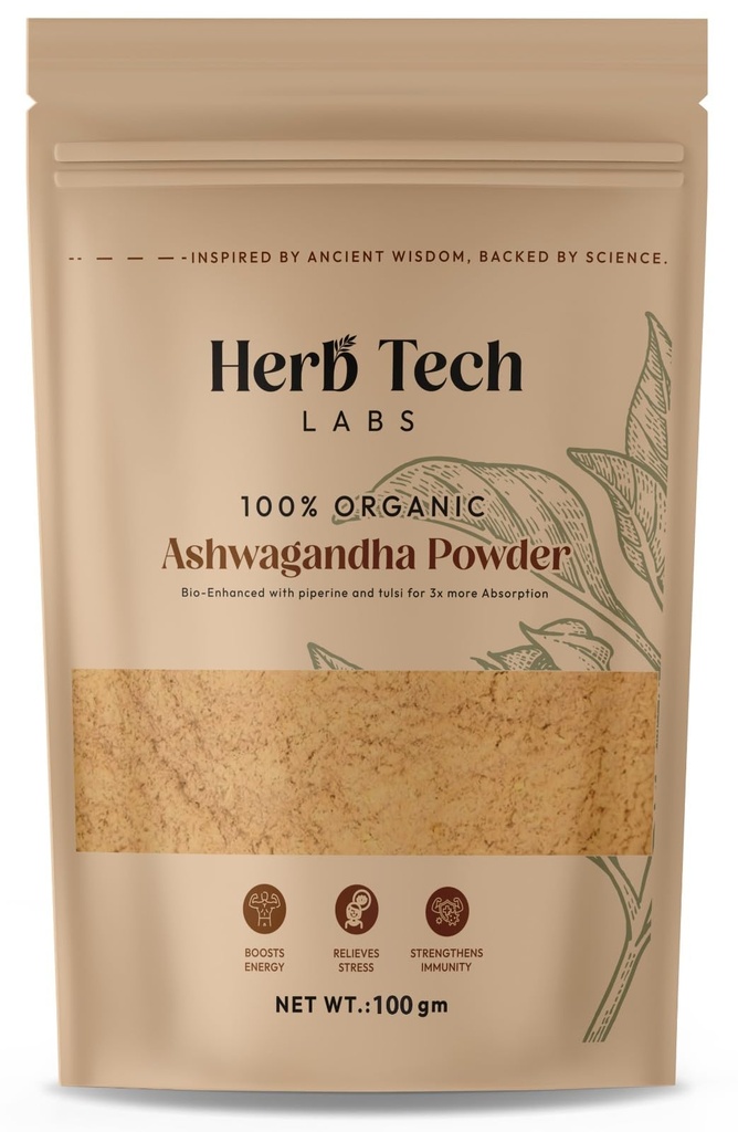 100% Organic Ashwagandha Powder Bio-Enhanced with Piperine & Tulsi | Advanced Absorption Formula upto 3x | 100g