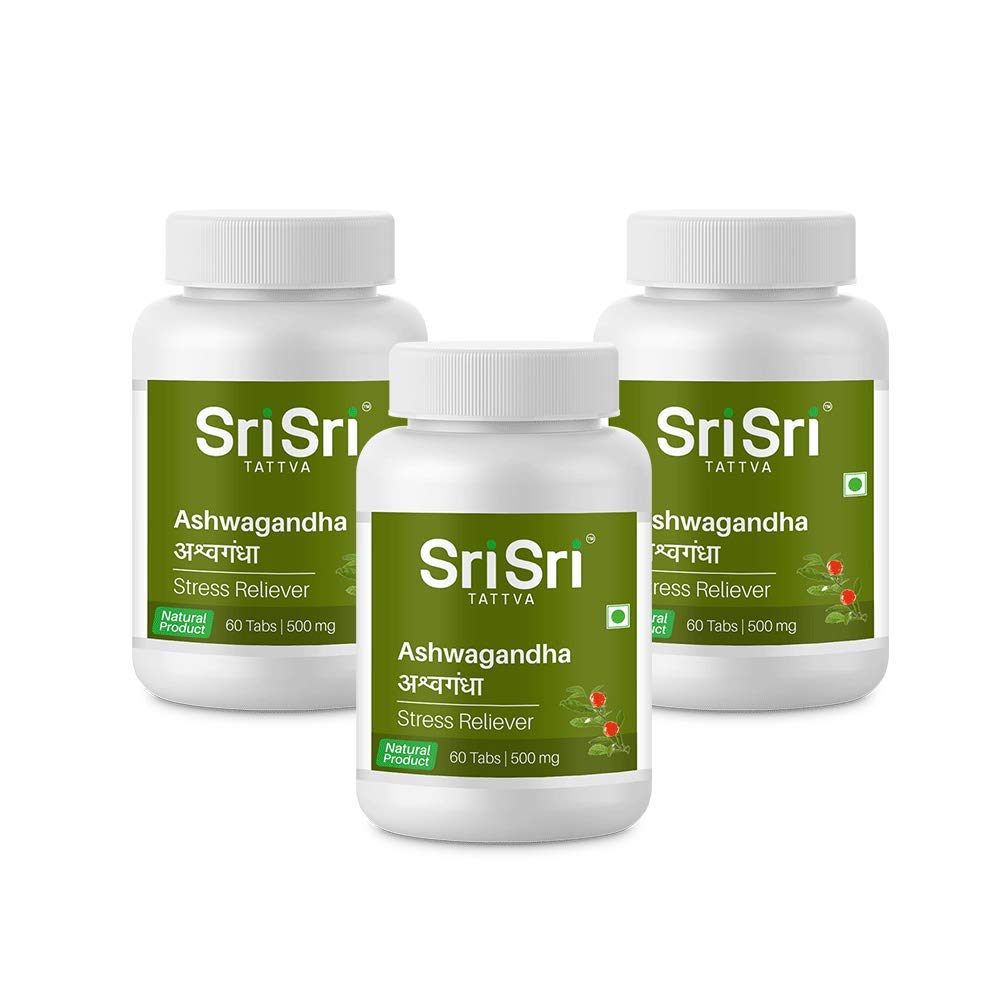 Sri Sri Tattva Ashwagandha - 500mg Tablet - 60 Count (Pack of 3) - Herbal Immunity & Energy Booster Made with Pure Ayurvedic Ingredients for Anxiety & Stress Relief, Enhanced Strength & Vitality